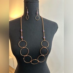 Copper Hoop Necklace & Earrings W/ Amethyst Accents